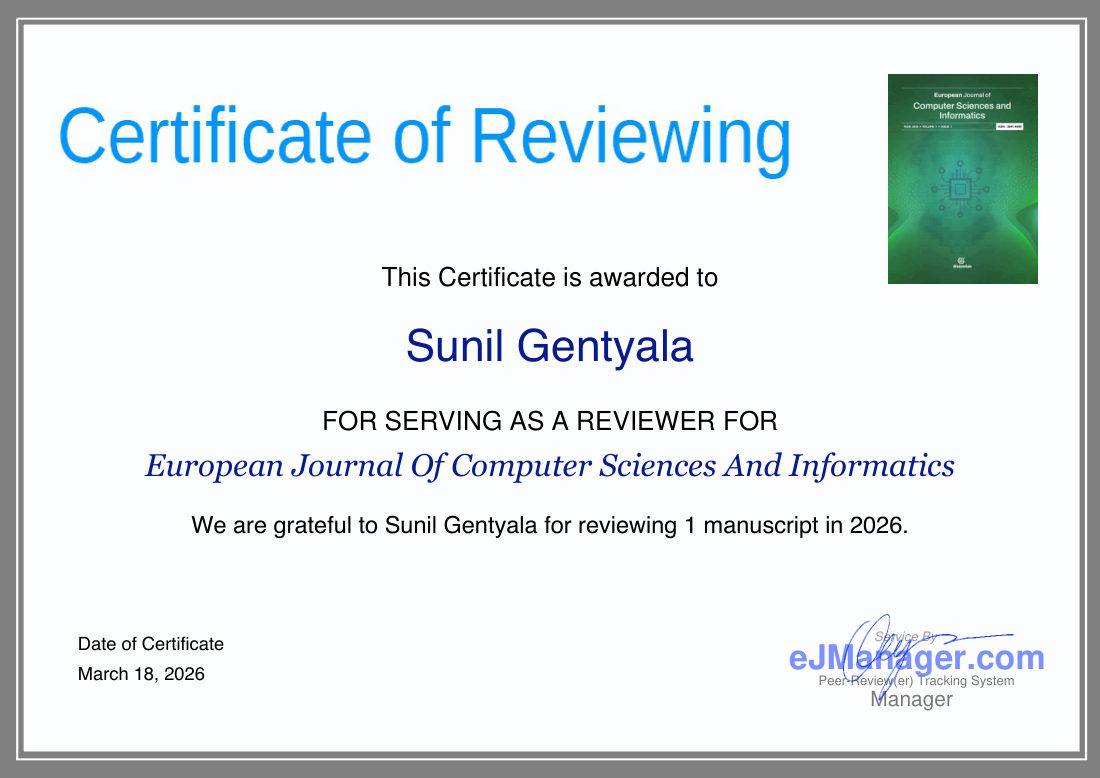 Certificate: Reviewer, European Journal of Computer Sciences and Informatics